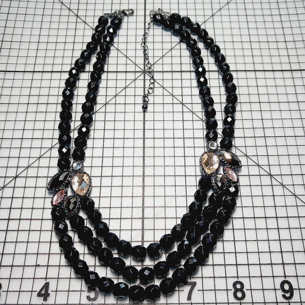 Necklace VTG Multi Strand Black Faceted Bead Crystal Gunmetal Bib Evening 90s
